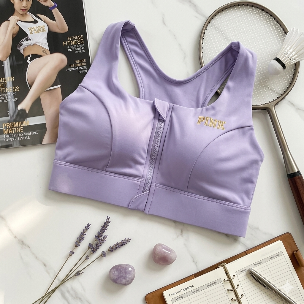 "Brassière violet avec fermeture éclair, design élégant et maintien optimal.